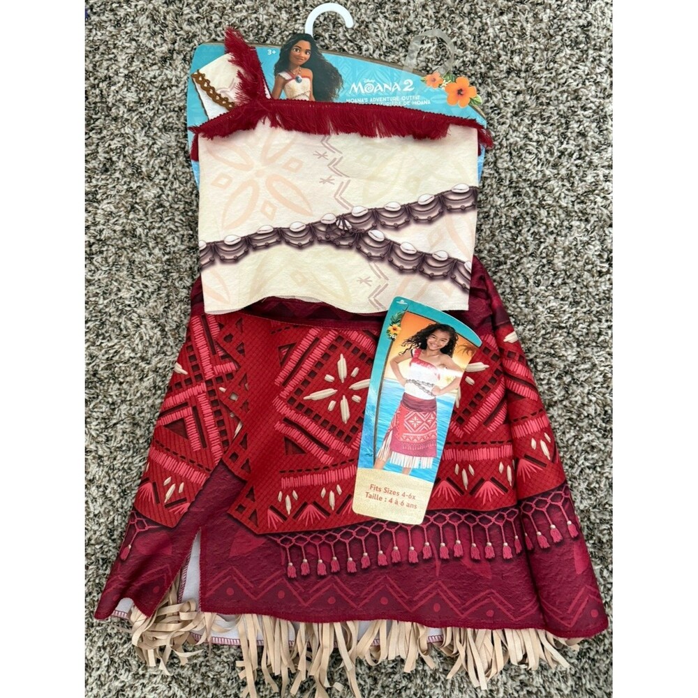 NWT Disney Moana 2 Girls Adventure Outfit Costume Complete Outfit 4-6X Red/Beige
